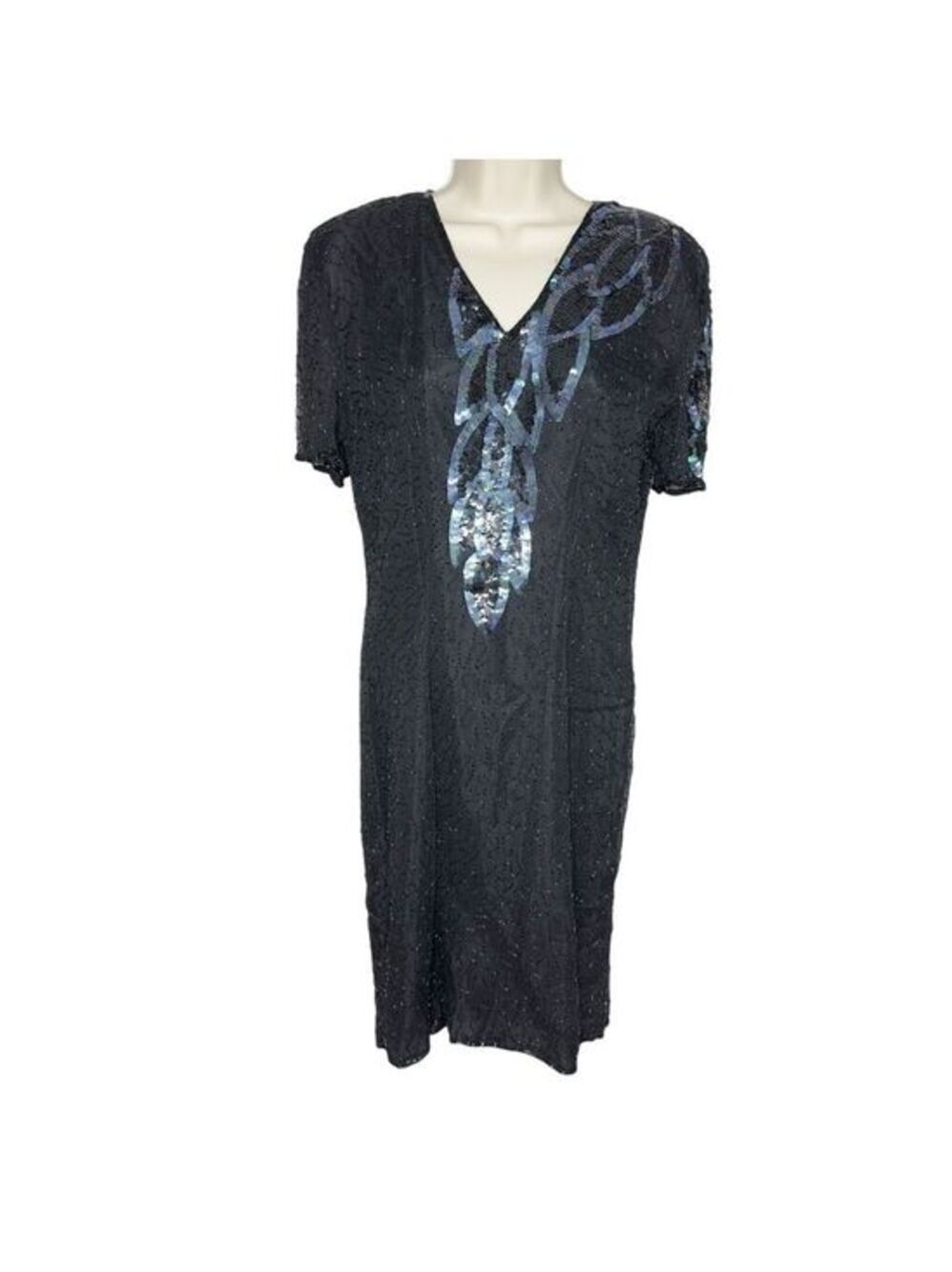Vintage 80's New Fast Black Sequin‎ Beaded Short Sleeve Evening Dress Size 38